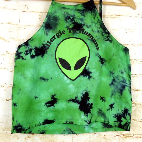 Hot Topic Alien Tie-Dye Halter Top Womens M Green Allergic To Humans Rave Kawaii - Picture 4 of 12